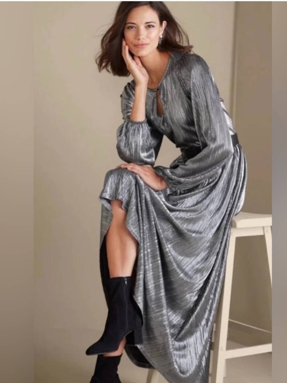 Soft Surroundings Annabelle Metallic Silver Pleated Maxi Dress Size Large NWT